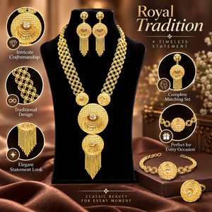Conjunto de Collar Largo Nupcial Indio Regal para Mujer, Chapado en Oro de 24K, con Pendientes, Pulsera y Anillo de Cobre y Latón, Joyería para Regalo de Boda o Compromiso - Product Image 6