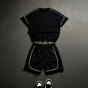 Ensemble de survêtement décontracté pour homme, t-shirt et short tissés pour l'été - Séchage rapide, anti-UV, coton confortable, vêtements de sport et de fitness - Product Image 1