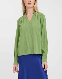 Blusa Casual de Verano para Mujer, Tejida, Verde Sólido, Cuello Camisero, Mangas Largas Abullonadas, Transpirable, Ecológica, Antiarrugas - Product Image 1