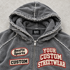 Vintage Acid Wash Patchwork <b>Hoodie</b> Custom Design <b>Stitching</b> Full Zip Unisex Streetwear Embroidered Badge Wholesale Supplier - Product Image 3