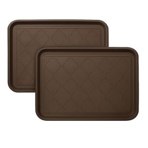 Ensemble de 2 plateaux à chaussures rectangulaires en métal brun foncé avec motif marocain en relief, plateau à chaussures décoratif pour l'entrée - Product Image 1
