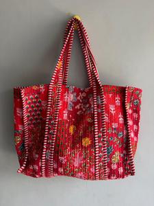 Red Panelled Cotton Tote Bag With Floral Print Bohemian Style Open Top Shopping Bag All Seasons gift for her - Product Image 1
