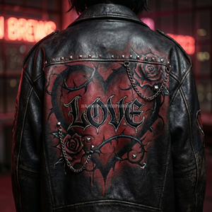 Chaqueta de Cuero de Oveja Auténtica Negra y Roja para Mujer, Estilo Punk con Tachuelas y Cadena, Chaqueta de Motera con Bordado de Corazón y Rosa, Ropa Exterior B2B - Product Image 5
