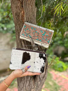 Nuevo estilo occidental Hair On Hide Colorful Tooled Fur Leather Clutch Mujeres Diseñado Monedero Venta caliente Tooled Leather Unique Wallet - Product Image 4