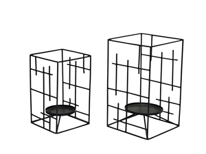 Metal Candle Holder Lanterns <b>Matte</b> Black Geometric Wire Frame Design Decorative Pillar Stand <b>Table</b> Decor Centerpiece - Product Image 1