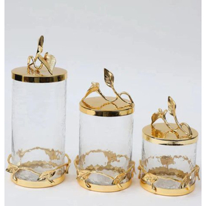 Bocaux de rangement en verre avec feuilles d'or, couvercles métalliques hermétiques, forme cylindrique, ensemble de contenants alimentaires pour la cuisine, faits à la main - Product Image 1