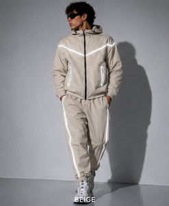 Ensemble de survêtement beige à capuche pour homme, manches longues, couleur unie avec poches latérales, léger, streetwear, tenue de jogging, automne, décontracté - Product Image 1