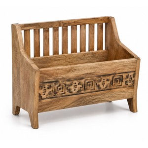 Handcrafted Bohemian Mango Wood Magazine <b>Rack</b> with Geometric Carving-Freestanding Single Tier Living Room Storage-Wholesale - Product Image 1