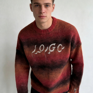 Men's Trendy Gradient Red Brown <b>Orange</b> <b>Fleece</b> Fabric LOGO Embroidery Neck Regular Fit Pullover Cuff Detail Winter 100% Cotton - Product Image 5