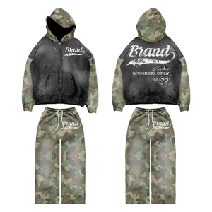 Boxy Fit Rhinestone Graphic Vintage Heavyweight Split Patchwork Distressed Zip up Sweat <b>Suit</b> Custom Streetwear USA Style - Product Image 1