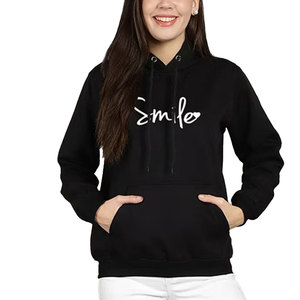 Sweat-shirt à capuche noir pour femme avec imprimé sourire, en coton, décontracté, avec logo sur le devant, poches, coupe classique, pour l'automne - Product Image 1