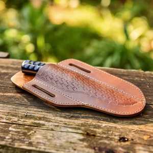 Cuchillo de caza de acero de Damasco hecho a mano con mango de madera de pakka, con funda, hoja fija, personalizable, OEM, táctico de supervivencia. - Product Image 3