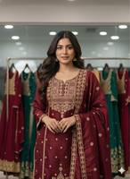 Ensemble de costume palazzo en soie ethnique pour femmes, broderie lourde, tenue traditionnelle indienne pakistanaise pour mariage, fête, Diwali