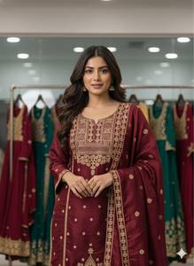 Ensemble de costume palazzo en soie ethnique pour femmes, broderie lourde, tenue traditionnelle indienne pakistanaise pour mariage, fête, Diwali - Product Image 3
