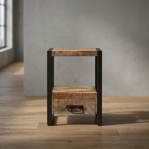 Mesa de Noche Industrial de Madera Rústica con un Cajón, Estante Abierto y Estructura de Hierro Negro - Product Image 4
