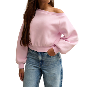 Sweat-shirt à col rond en tricot surdimensionné rose clair pour fille, à épaules dénudées, doublé, avec bordures côtelées, coupe décontractée - Product Image 1