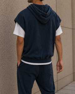 <b>Men's</b> <b>Sleeveless</b> Hooded <b>Pullover</b> Solid Color Kangaroo Pocket Regular Fit Cotton French Terry Casual Summer Wear Digital Printing - Product Image 4