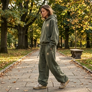 Ensemble de survêtement décontracté pour femme, vert olive, avec sweat à capuche oversize et pantalon large, style streetwear, deux pièces, tenue de détente - Product Image 3