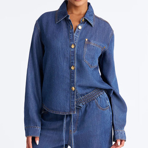 <b>Women</b> Denim Tracksuit Oversized Button Up <b>Jacket</b> And Drawstring Pants Set Casual Streetwear Full Length Solid - Product Image 6