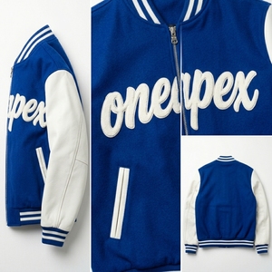 Blouson Bomber Homme Bleu Royal et Blanc en Cuir avec Manches en Coton Mélangé, Col et Poignets en Tricot Côtelé, Logo Brodé, Style Décontracté Streetwear - Product Image 5