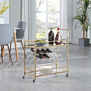 Gold Finish Metal Bar Cart Rolling <b>Drinks</b> Trolley Glass Shelf Beverage Serving Cart Wine Bottle <b>Rack</b> Wine Glass Holder Home Bar - Product Image 1