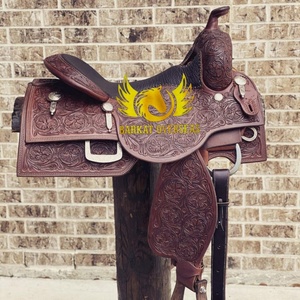 Selle de cheval western en cuir véritable marron de haute qualité, neuve, avec décorations en cuivre, design personnalisé, selle western portable, logo personnalisé - Product Image 1
