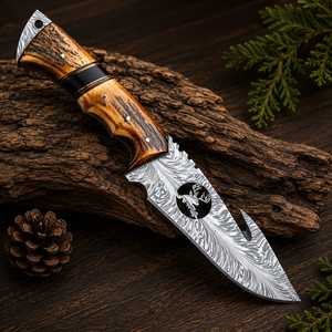 Couteau de chasse en acier de Damas, lame à pointe tombante avec manche en bois pour usage extérieur - Product Image 3