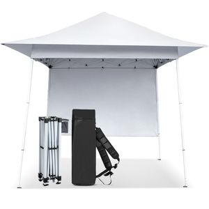 Tienda de campaña con dosel emergente de pierna inclinada blanca de 8x8 pies, una pared lateral, aleros extendidos, tela Oxford 210D, marco de acero recubierto de polvo blanco - Product Image 1