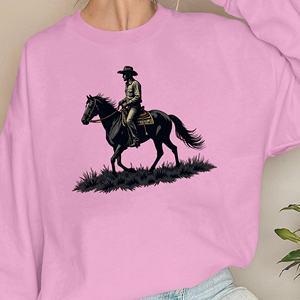 Sudaderas con Estampado de Vaquera Montando a Caballo para Mujer, Tejido de Punto Informal, 100% Poliéster, Cuello Redondo - Product Image 3