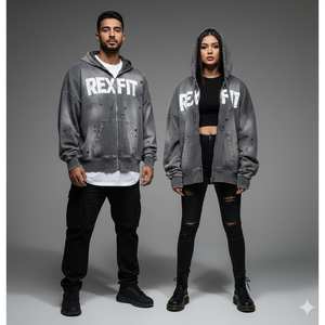 Sweat à capuche zippé Rexfit Sports personnalisé, effet délavé, en molleton épais, pour la gym et le streetwear, impression en relief, OEM - Product Image 3