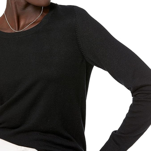 Pull à col rond noir pour femme, manches longues, tricoté, couleur unie minimaliste, 100% coton, anti-boulochage, toutes saisons - Product Image 4
