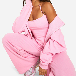 ชุดเซ็ตแทรคสูทผู้หญิงแบบมีฮู้ดสำหรับฤดูหนาว ผ้าสีพื้น เสื้อครอปคอสูงและกางเกงจ็อกเกอร์ 2 ชิ้น กระเป๋าเข้าชุด ชุดลำลอง - Product Image 1