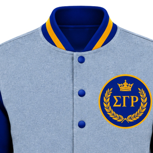 <b>Womens</b> <b>Light</b> Grey Varsity Bomber <b>Jacket</b> Blue Sleeves Greek Crest Graphic Gold Trim Snap Button Ribbed Collar Cuffs Casual Wear - Product Image 2