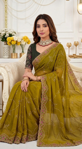 Sari en soie vert olive pour femme, broderie florale rose, tenue de mariage indienne traditionnelle, longueur ras du sol, coupe classique, protection solaire - Product Image 2