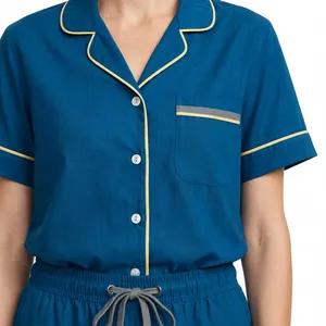 Conjunto de pijama de manga corta azul verde azulado para mujer, top con cuello con muescas y pantalones largos con ribete - Product Image 6