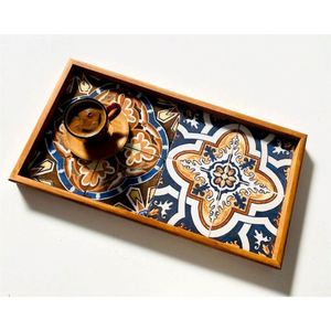 Ensemble de plateaux de service en bois faits à la main avec poignées en jute et décorations artistiques turques imprimées en émail, plateau décoratif en bois pour la décoration de table basse - Product Image 2