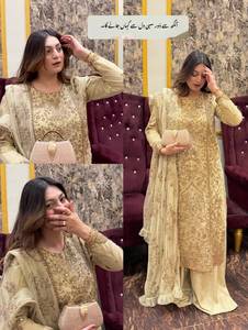 Ensemble de costume palazzo beige brodé, Kurti et Dupatta à sequins épais, tenue de fête et de mariage pour femme brodée de fleurs - Product Image 4