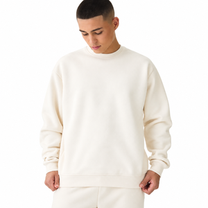 Sweat-shirt à col rond en crème, coupe ample, couleur unie, décontracté, en coton tricoté, molletonné, pour l'automne - Product Image 1