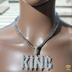 Shiny Moissanite Diamond " KING " Pendant Necklace Cuban Link Hip Hop Jewelry For Unisex - Product Image 5