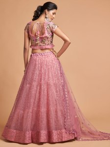 Pink Satin Maxi Net Evening Dress Set <b>Sequin</b> Embroidered A-Line Lehenga Blouse and Dupatta Wedding <b>Party</b> Outfit - Product Image 4