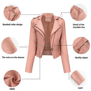 Veste en cuir pour femme rose Moto Biker Style Punk Slim Fit Rivets revers col asymétrique fermeture éclair doublure en Viscose prêt à porter - Product Image 6