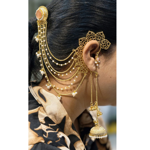 Pendientes Tradicionales Chapados en Oro con Piedra Rosa y Perlas, Estilo Bahubali, Cadena Multicapa, Jhumka para Mujer - Product Image 4