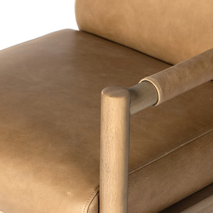 Fauteuil scandinave moderne Adaline en teck massif avec coussin en cuir, couleur naturelle écologique, meubles de salon intérieur - Product Image 4