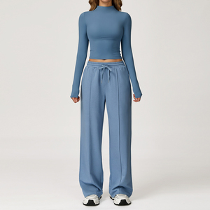 Conjunto de Yoga de 2 Piezas para Mujer, Color Sólido, Sudadera con Cuello Redondo, Pantalones Largos con Cordón Ajustable, Transpirable, Ropa Deportiva - Product Image 5