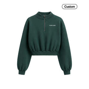 <b>Women's</b> Custom Cropped <b>Quarter</b> <b>Zip</b> Sweatshirt-Ribbed Hem Puff Print & Embroidery - Product Image 6