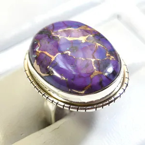 Wholesale 925 Sterling Silver Purple <b>Copper</b> Turquoise Gemstone Statement Ring Bezel Setting Unisex Jewelry - Product Image 1