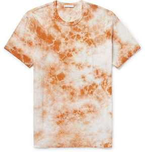 เสื้อยืดแขนสั้นผู้ชายลายไทได  แบบลำลองถักนิต  สำหรับฤดูร้อน  สีส้มขาว  ลายพิมพ์  คอวี - Product Image 1