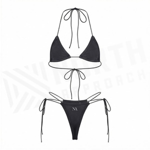Women Black Halter <b>Bikini</b> <b>Set</b> With Tie Side Bottoms And Drawstring Detail Regular Fit Solid Color Swimwear - Product Image 2