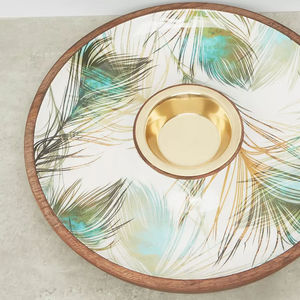 Round Wood <b>Decorative</b> <b>Plate</b> with Plant Pattern Handpainted Bohemian Design Gold Center Bowl Wedding Dinner Dishwasher Safe - Product Image 2