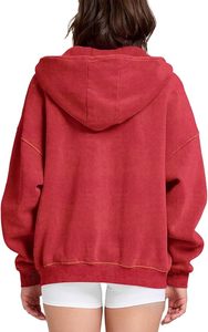 <b>Women</b> Solid <b>Red</b> Hooded Sweatshirt Casual Long Sleeve Pullover with Drawstring Kangaroo Pocket - Product Image 6